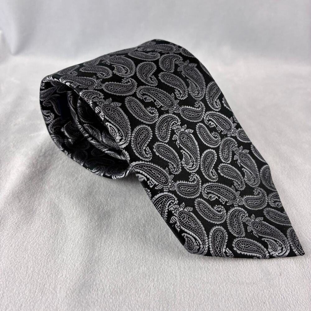 Sean John Men's Tie Black Silver Paisley AOP 100% Silk 60"x4" Career Office Gift